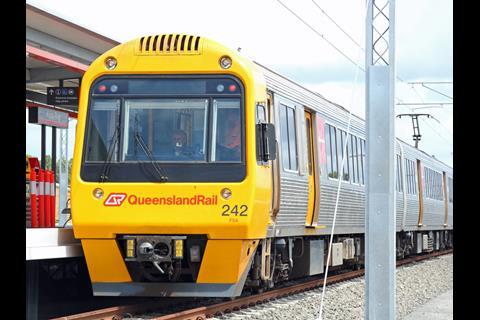 Formed of a pair of SMU three-car suburban EMUs, the first test train reached Kippa-Ring on March 16. Photo: Queensland Rail/Matt Green